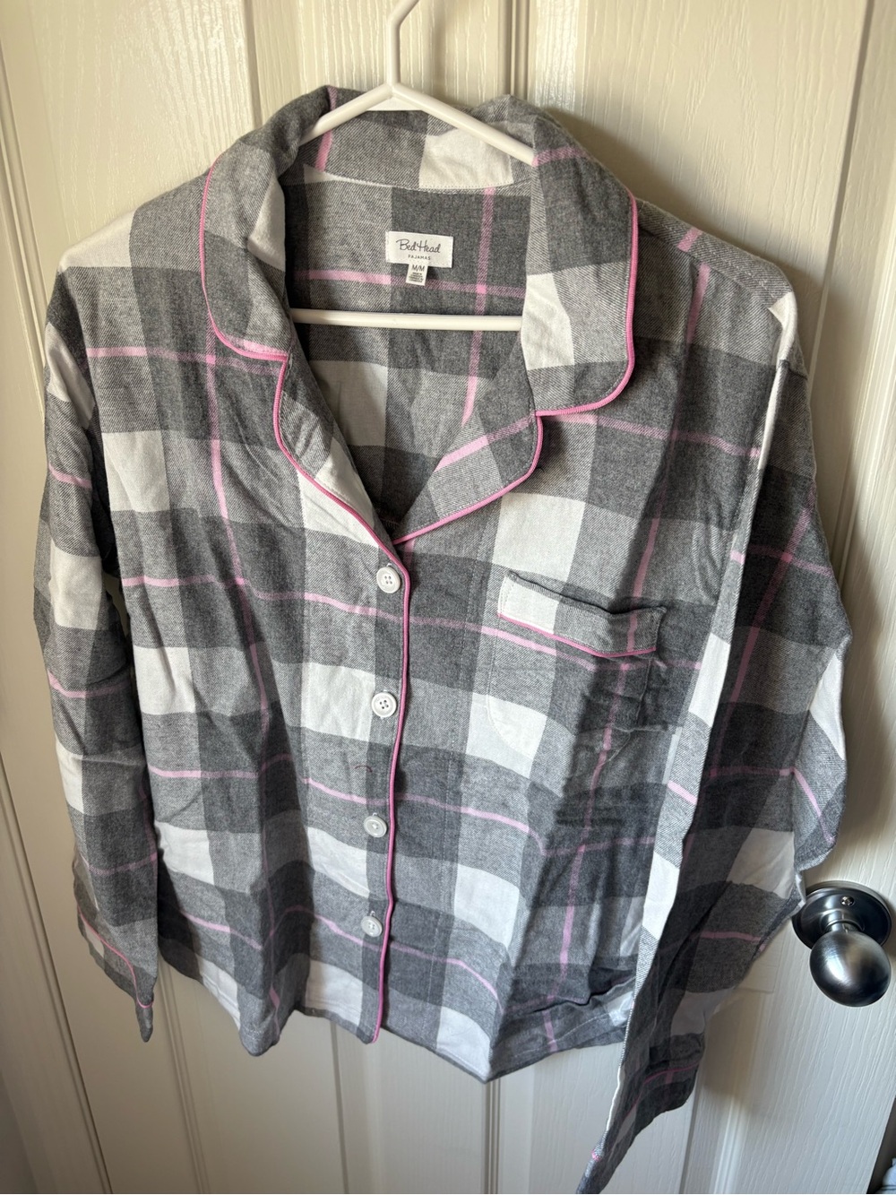 BedHead Gray White & Pink Plaid Flannel Pajama Top